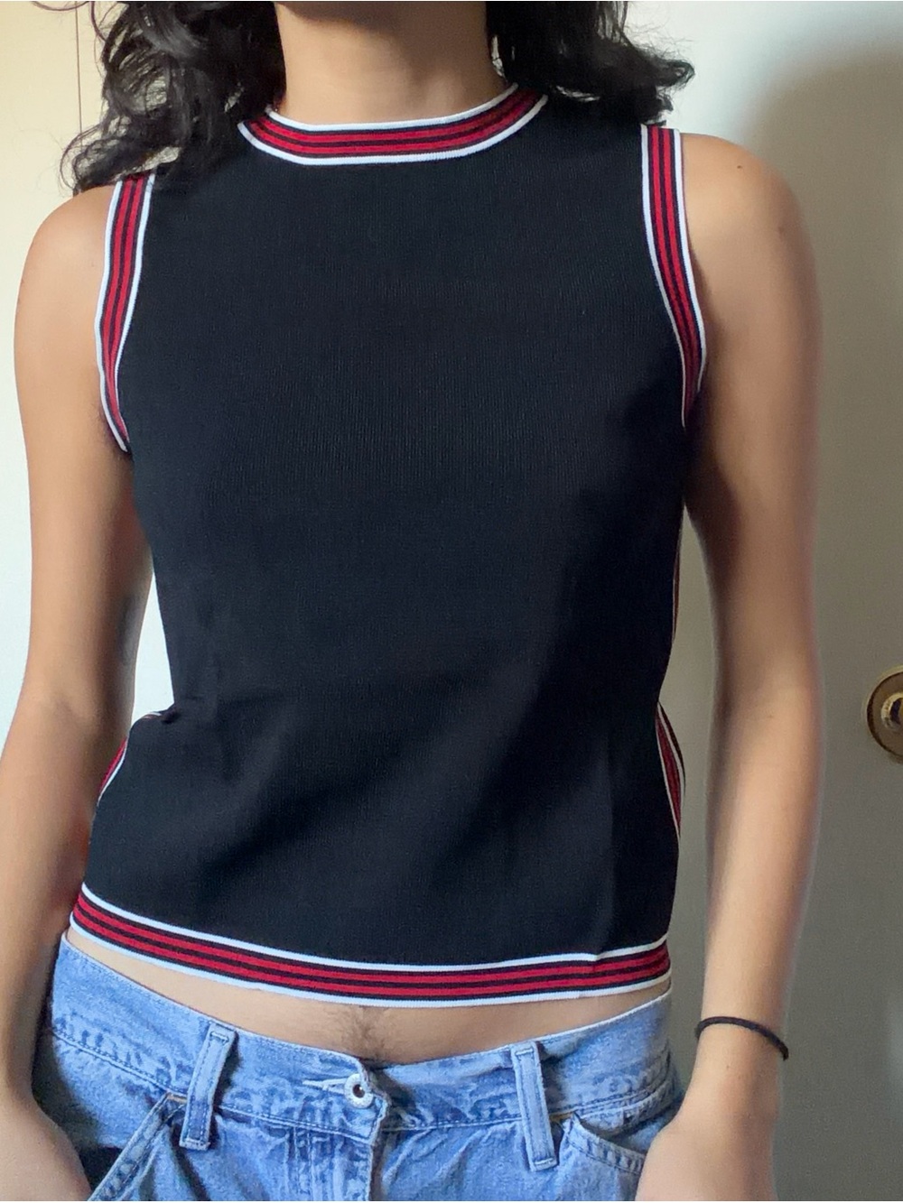Grace Black Knit Tank with Red and White Striped Trim